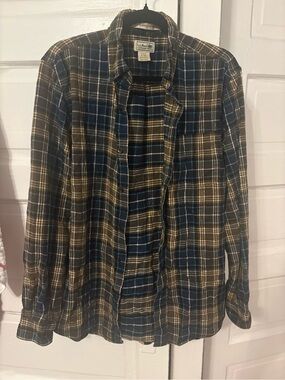 LL Bean navy and gold flannel, men’s medium slightly fitted